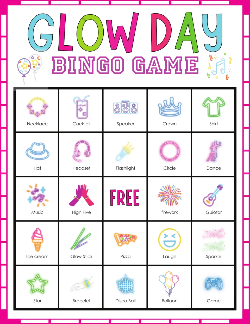 Glow Day bingo card: students listen and mark pictures such as necklace, cocktail, speaker, crown and shirt in the top row