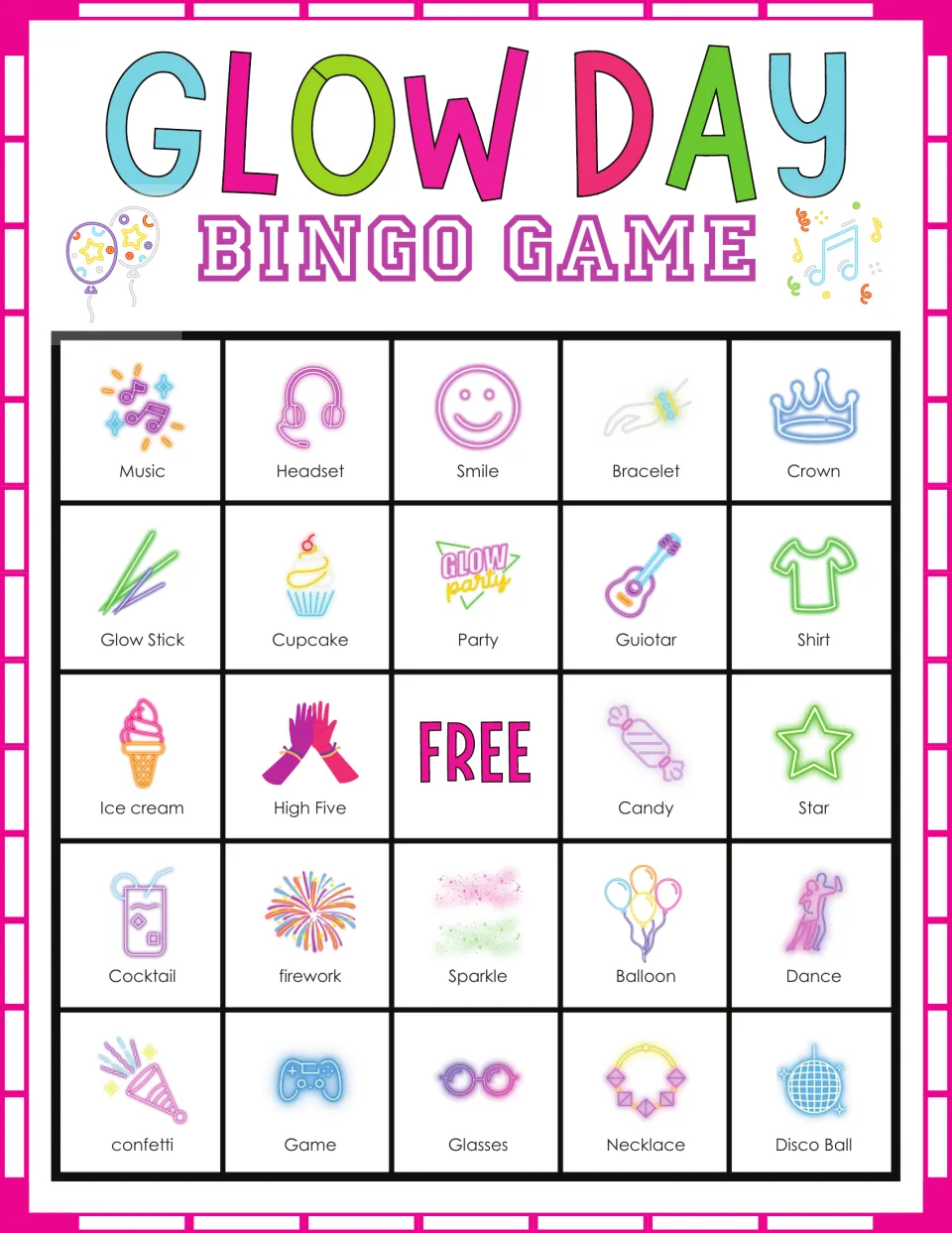Glow Day bingo card: players mark neon icons as called, starting with music, headset, smile, bracelet and crown