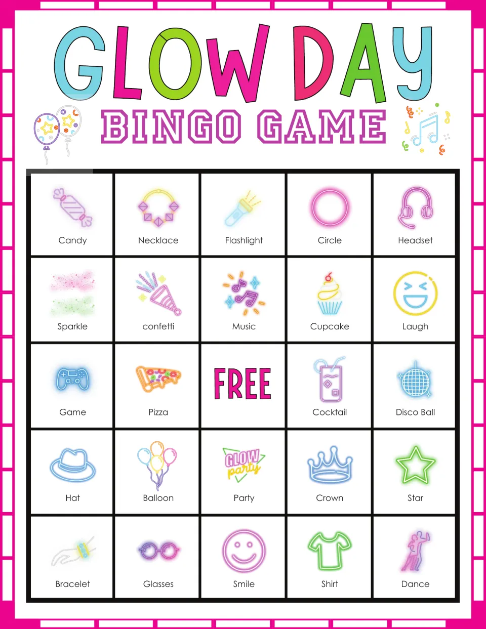 Glow Day bingo card: students mark labeled pictures, beginning with candy, necklace, flashlight, circle and headset