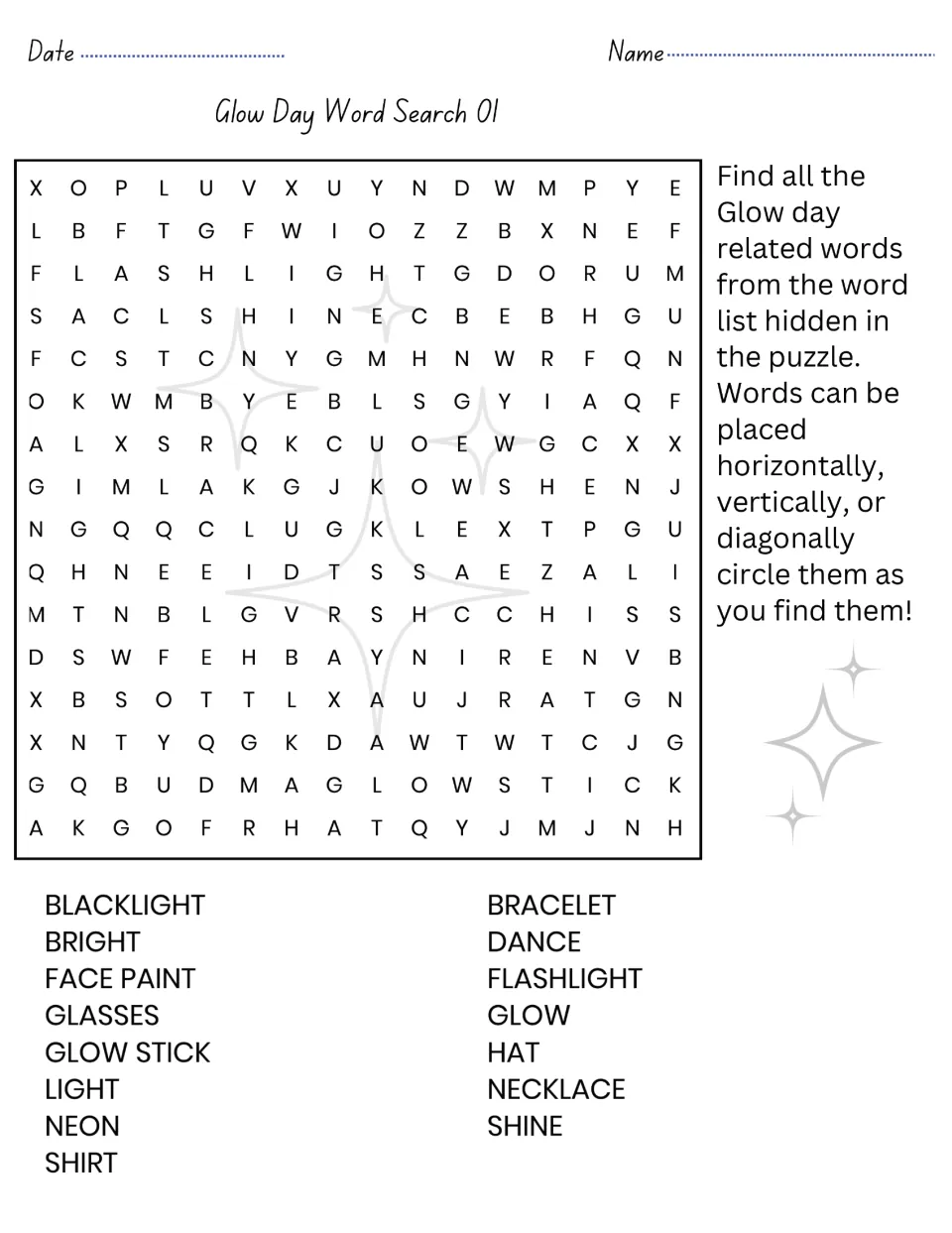 Glow Day Word Search 01: students circle 15 hidden glow words such as blacklight, neon, glow stick and face paint