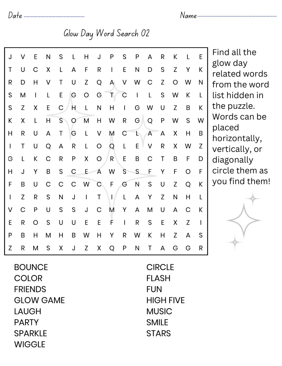 Glow Day Word Search 02: students find 15 party words like sparkle, high five, wiggle and glow game hidden in any direction