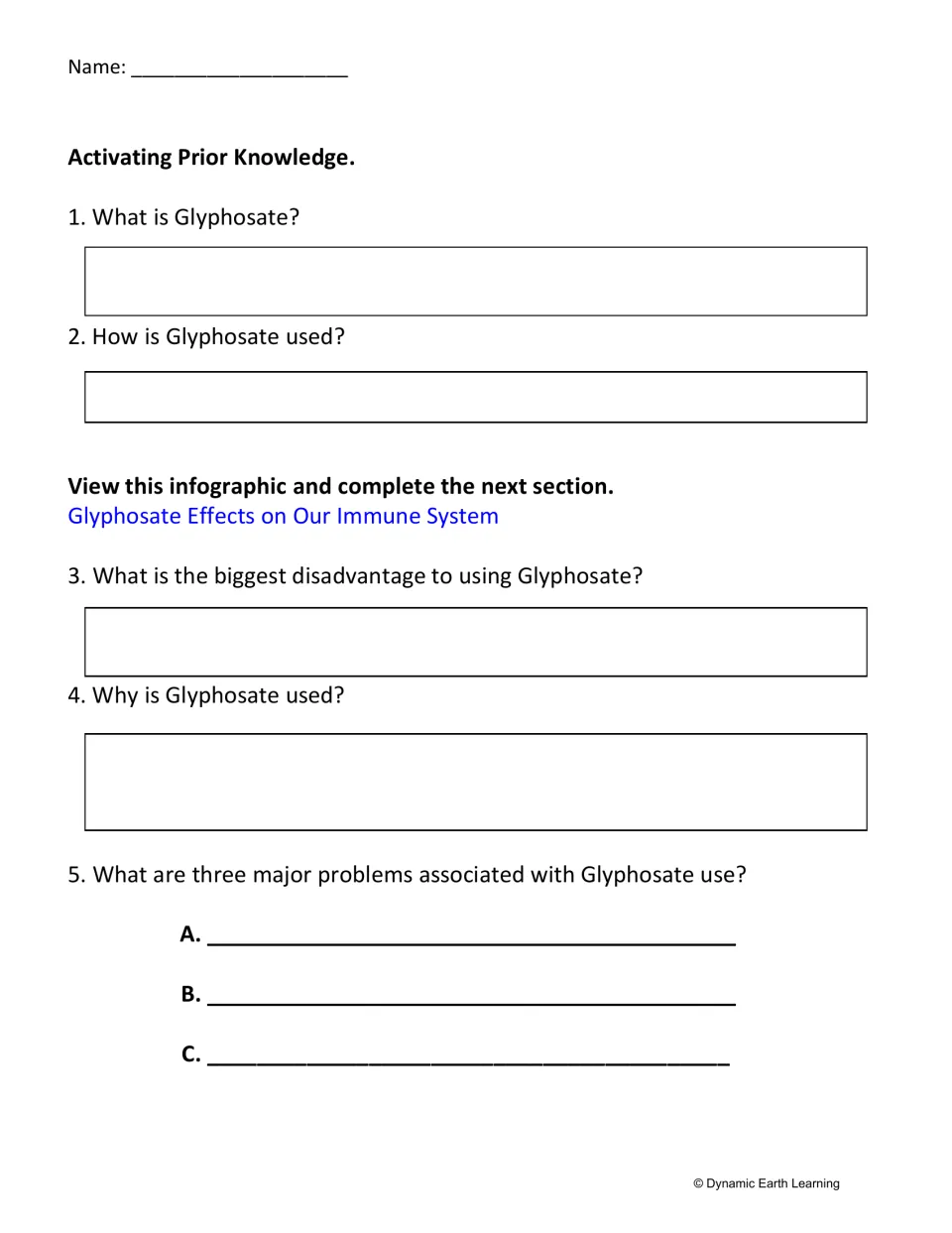 Glyphosate questions: students activate prior knowledge, view an infographic to explain its uses, drawbacks and 3 problems