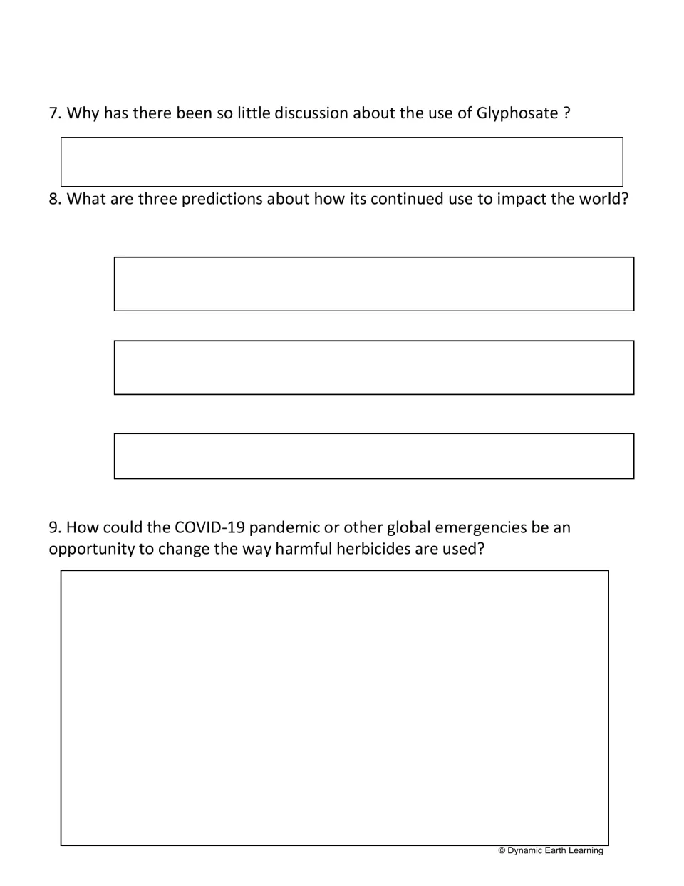 Glyphosate reflection: students explain the lack of discussion, make 3 predictions and link COVID-19 to herbicide change