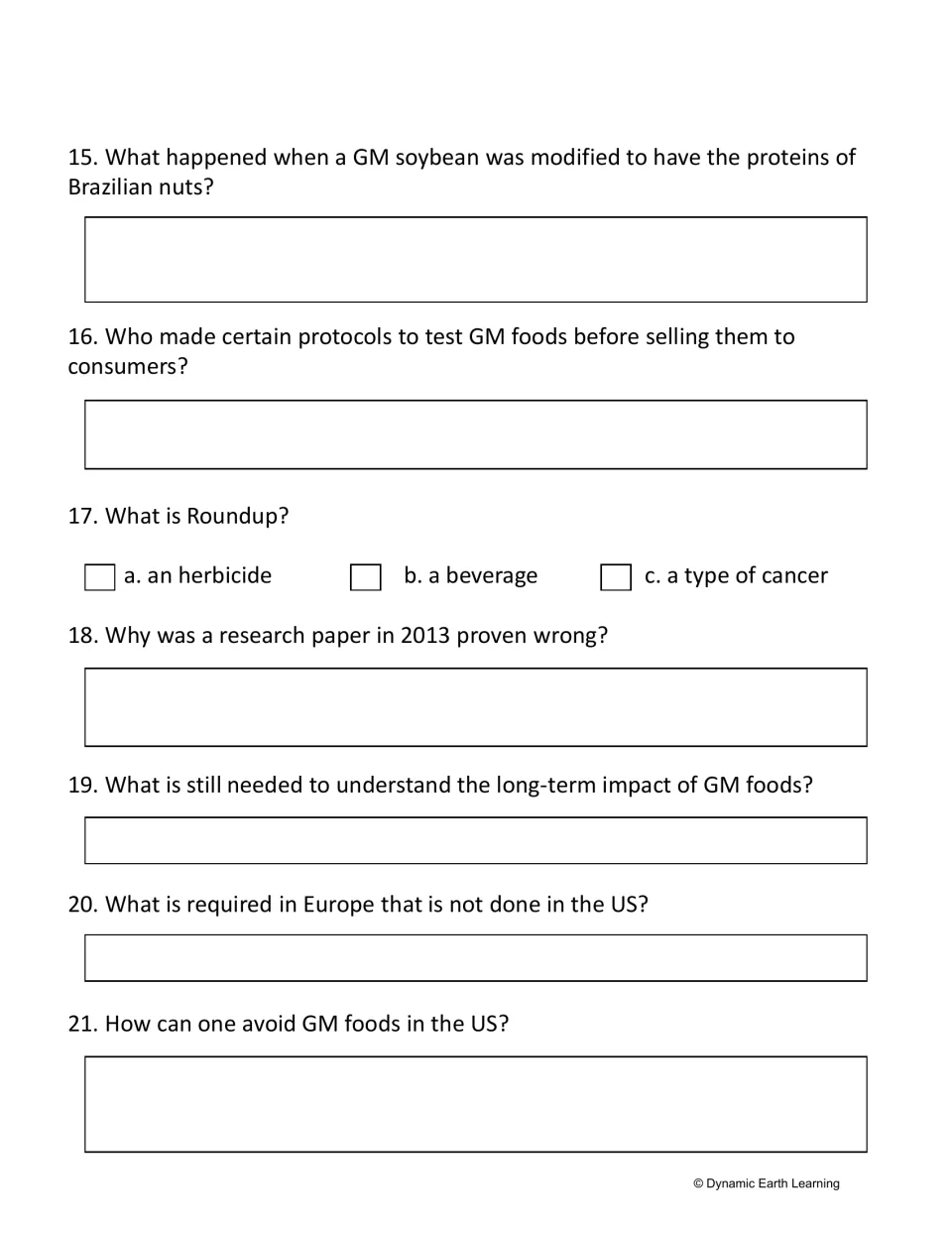 GM food safety questions: students recall the Brazil nut soybean case, Roundup, a 2013 study and what Europe requires