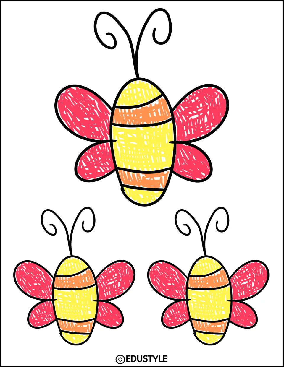 Three insect decor pieces with pink wings and yellow-and-orange bodies, one large and two small, for the kit