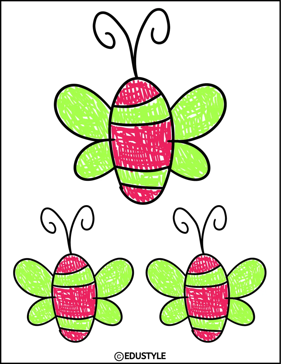 Three insect decor pieces with green wings and pink-and-green bodies, one large and two small, for the kit