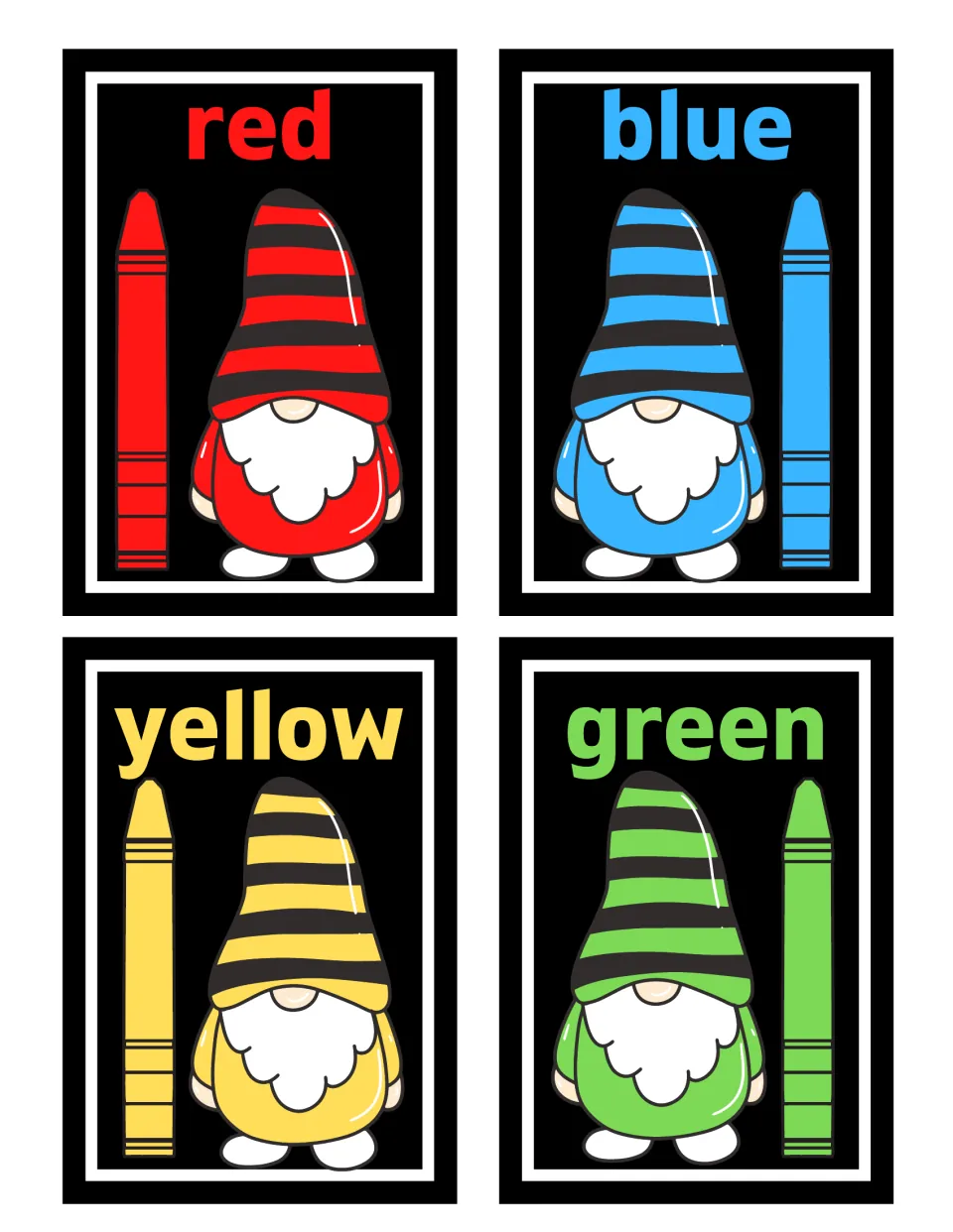Color words red, blue, yellow and green: four mini cards, each with a striped-hat gnome and a crayon in the matching color