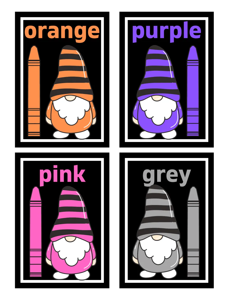 Color words orange, purple, pink and grey on four mini cards, each pairing a gnome in a striped hat with a same-color crayon