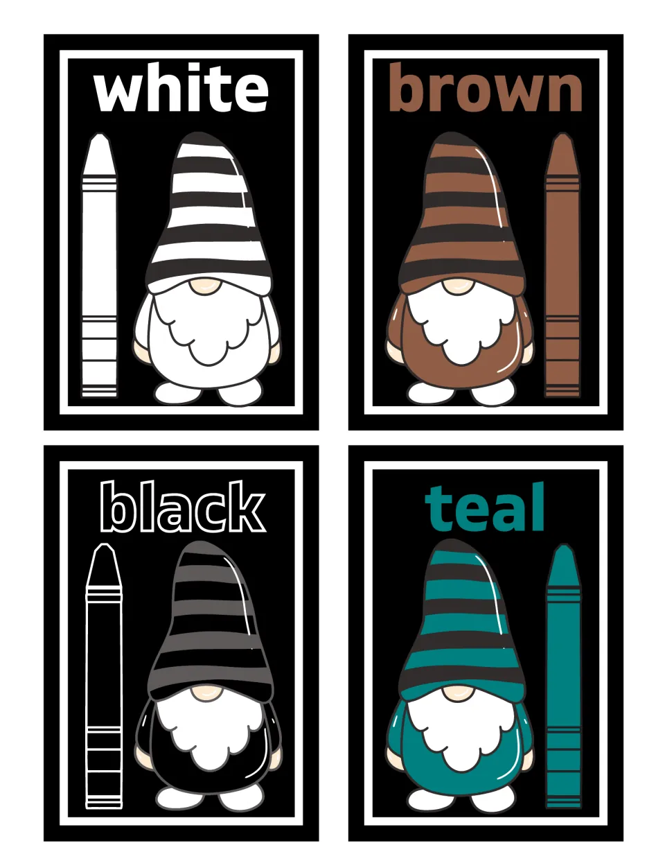 Color words white, brown, black and teal on four mini cards; each shows the word, a gnome and a crayon colored to match