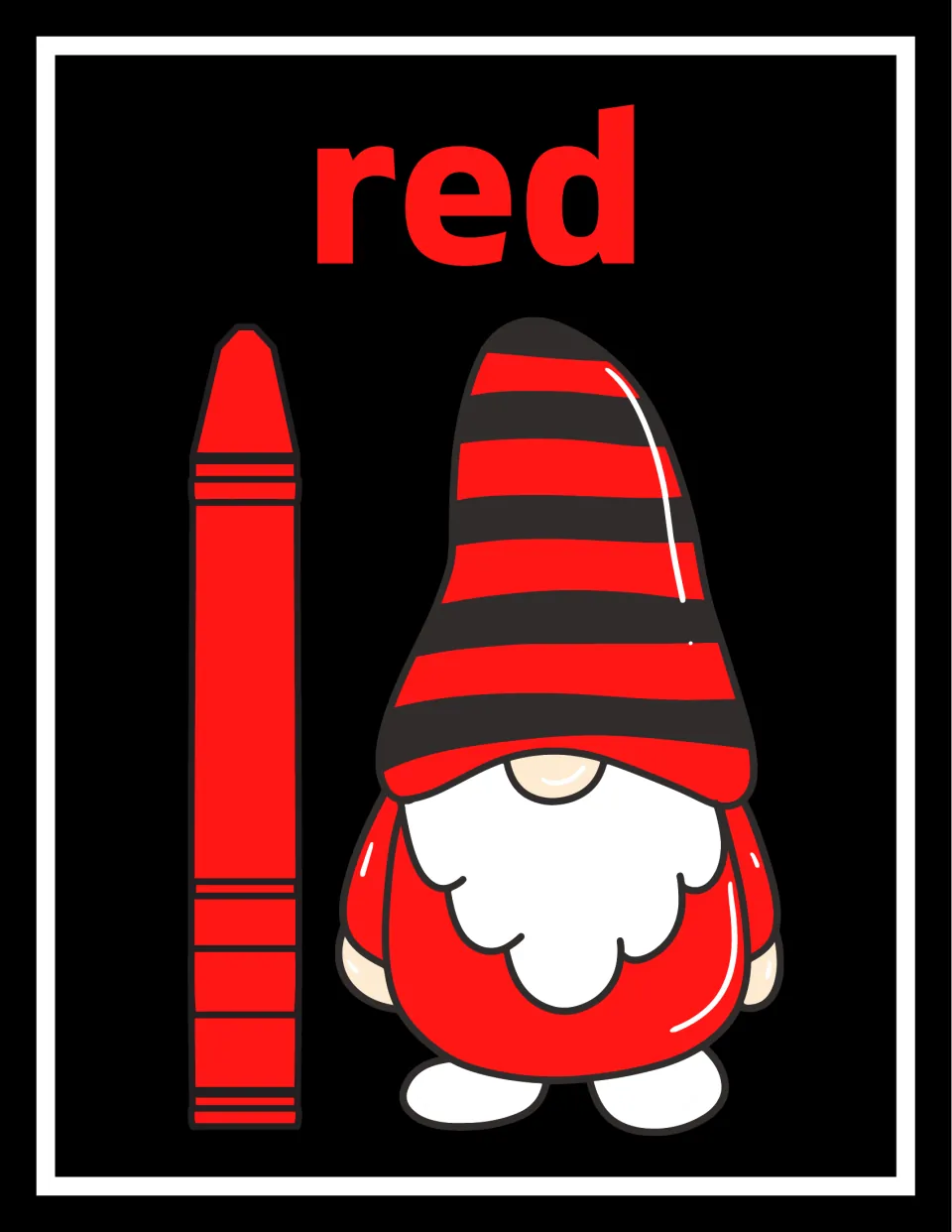 Red color poster: the word red in large letters above a matching crayon and a gnome in a red and black striped hat and coat
