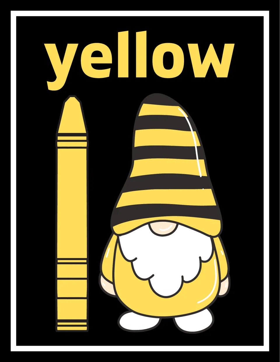 Yellow color poster with the word yellow in large letters, a yellow crayon and a gnome wearing a yellow striped hat