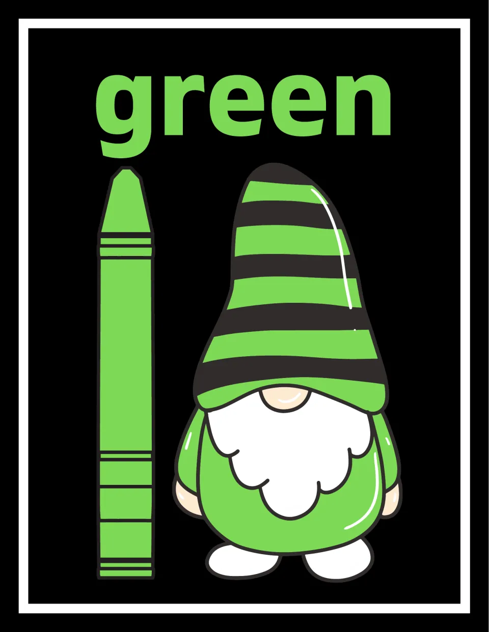 Green color poster: the word green in bright lettering over a matching crayon and a gnome in a green and black striped hat