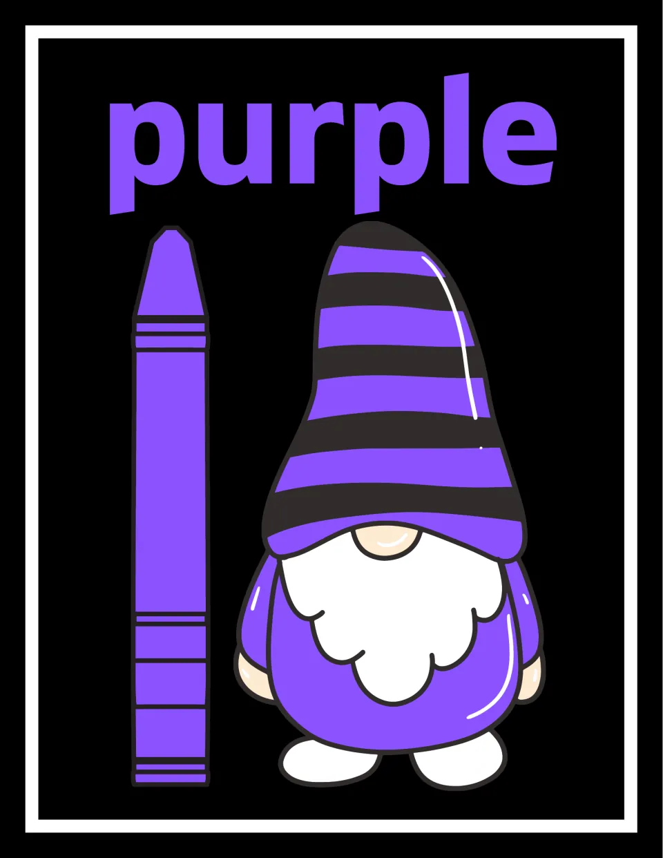 Purple color poster with the word purple in large type, a purple crayon and a gnome wearing a purple striped hat