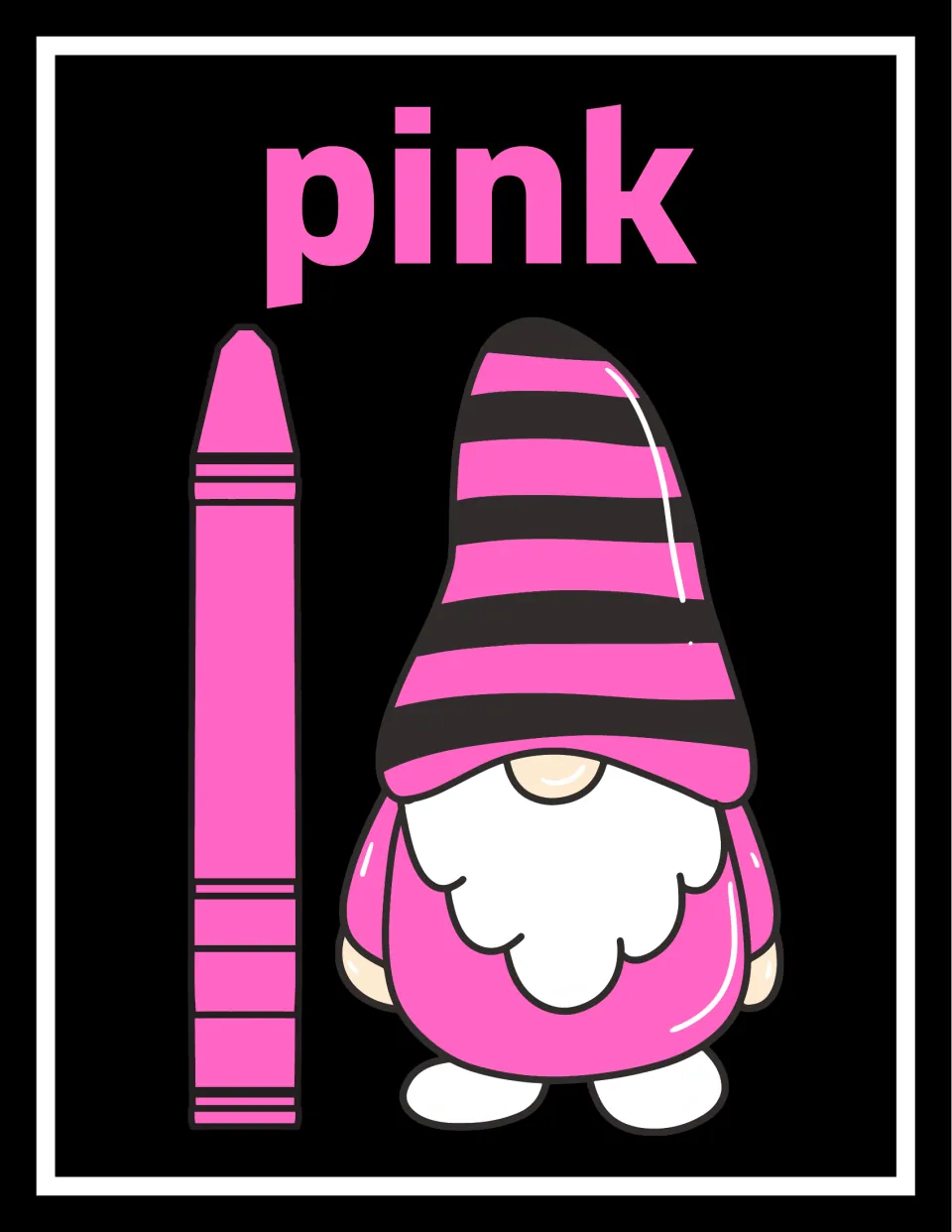 Pink color poster showing the word pink in bold letters next to a pink crayon and a gnome in a pink and black striped hat