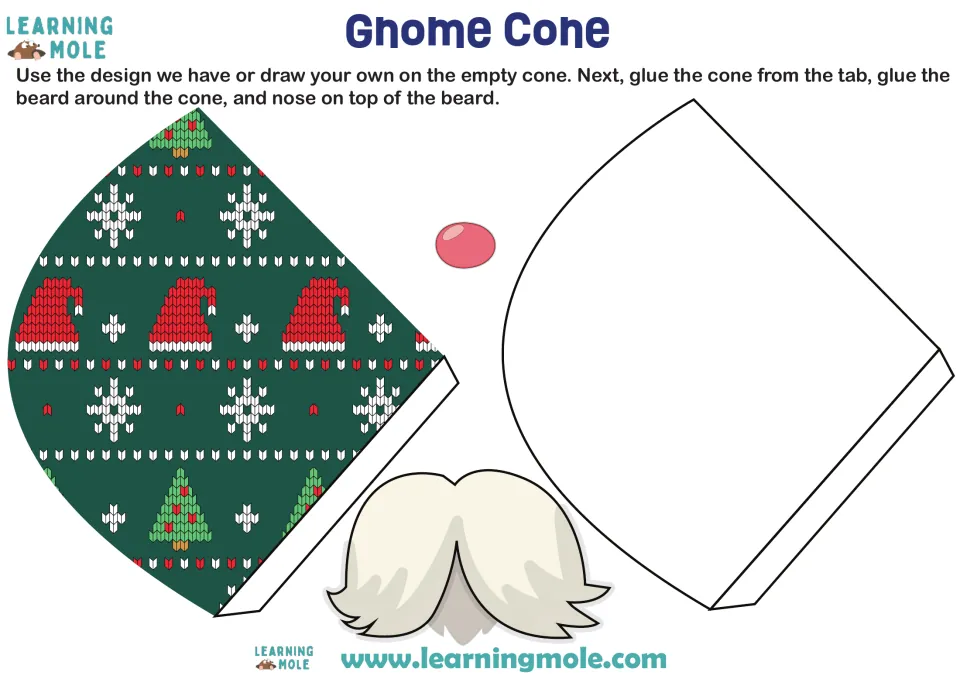 Gnome cone craft: students use the sweater-pattern cone or decorate the blank one, glue the tab, then add beard and nose