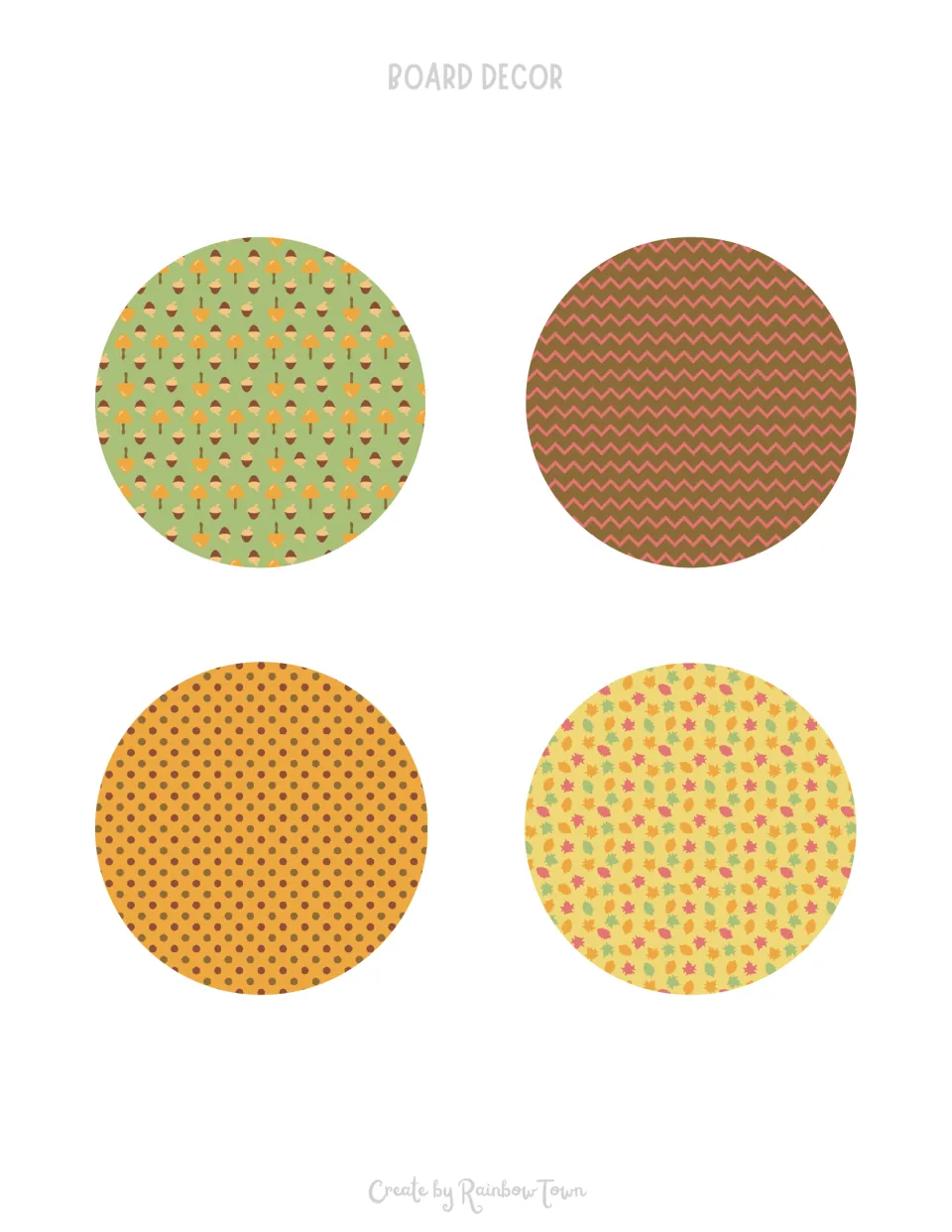 Fall bulletin board cutouts: four circles patterned with acorns and mushrooms, zigzags, dots, and leaves
