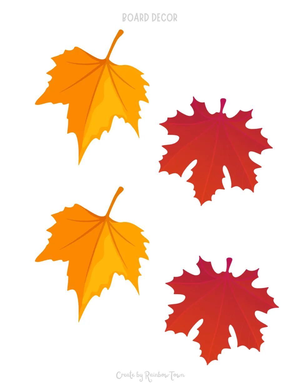 Fall bulletin board leaf cutouts: two yellow-orange leaves and two red leaves for the seasonal display