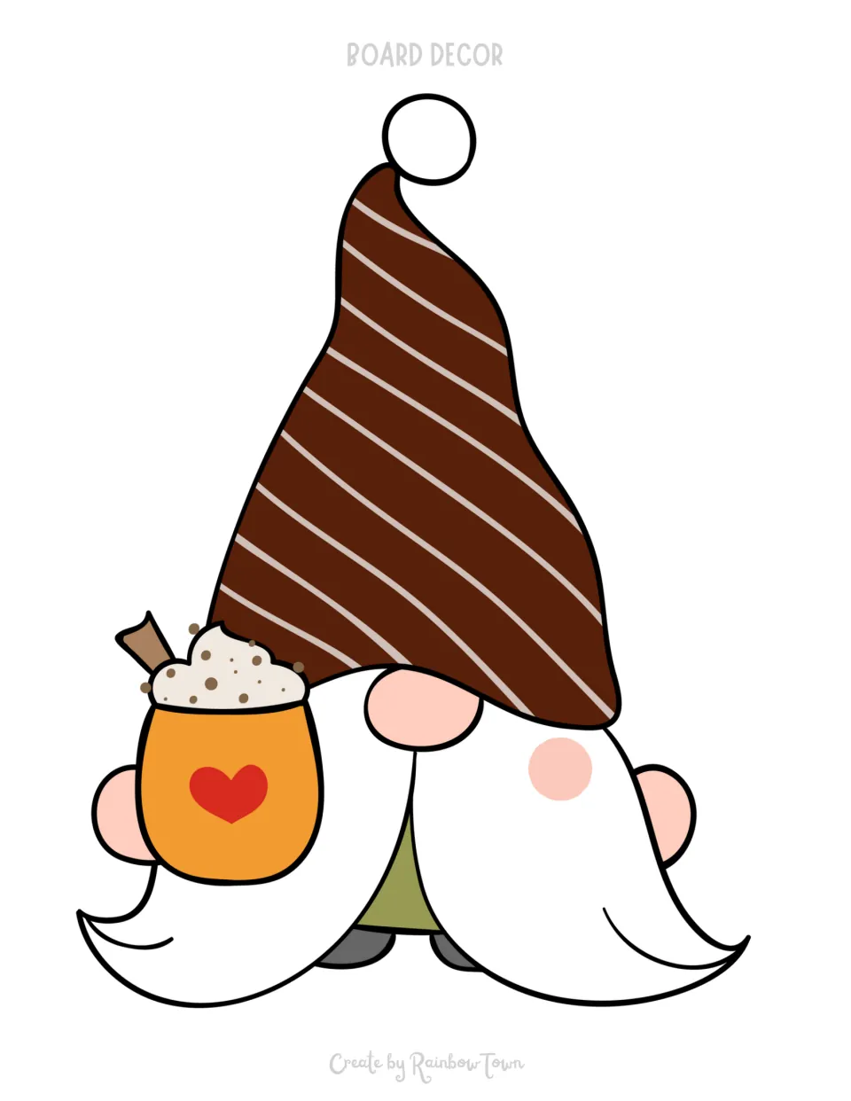 Fall bulletin board gnome cutout holding an orange drink topped with cream and wearing a brown striped hat