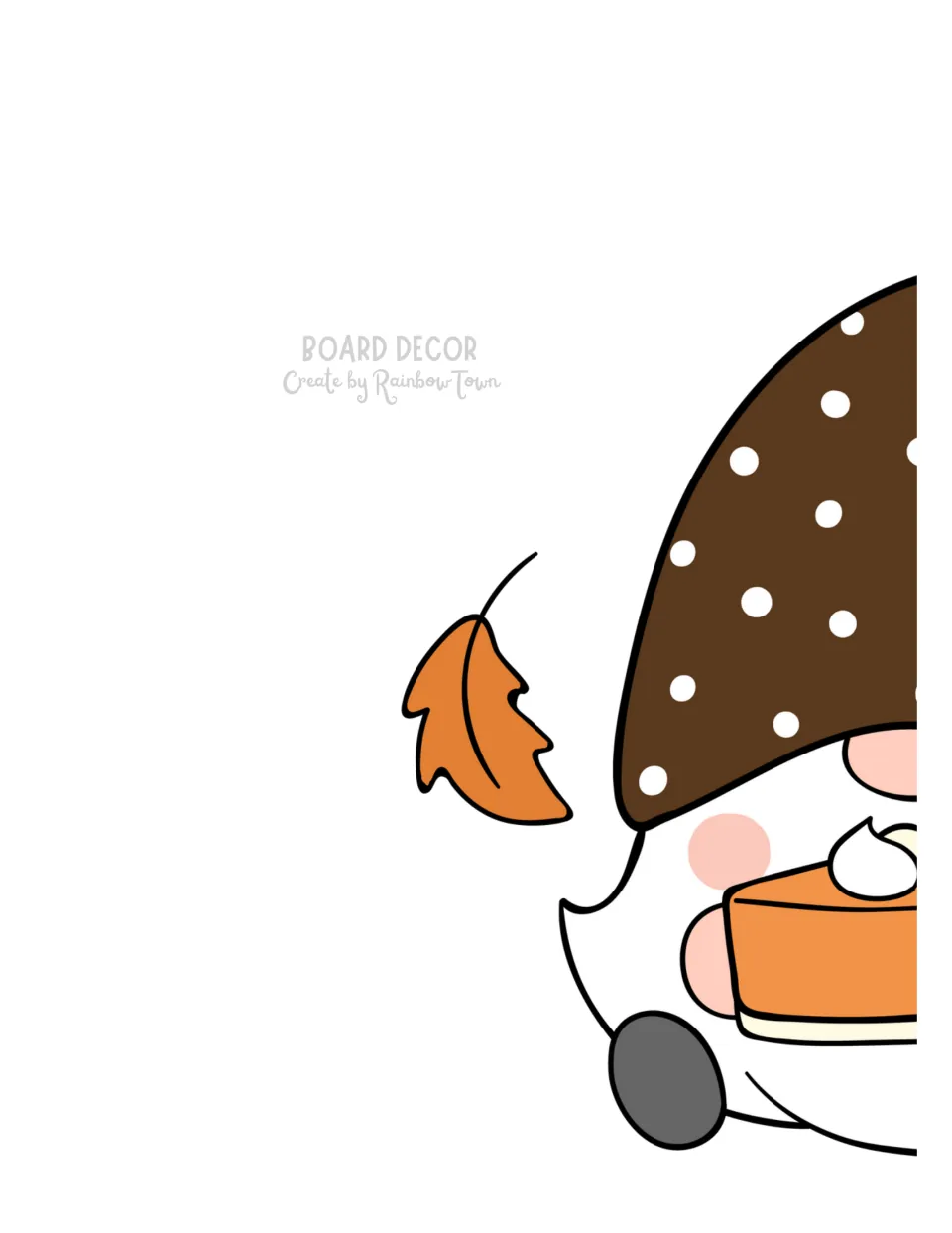 Left portion of a two-page fall bulletin board gnome holding pumpkin pie, with an orange leaf beside it