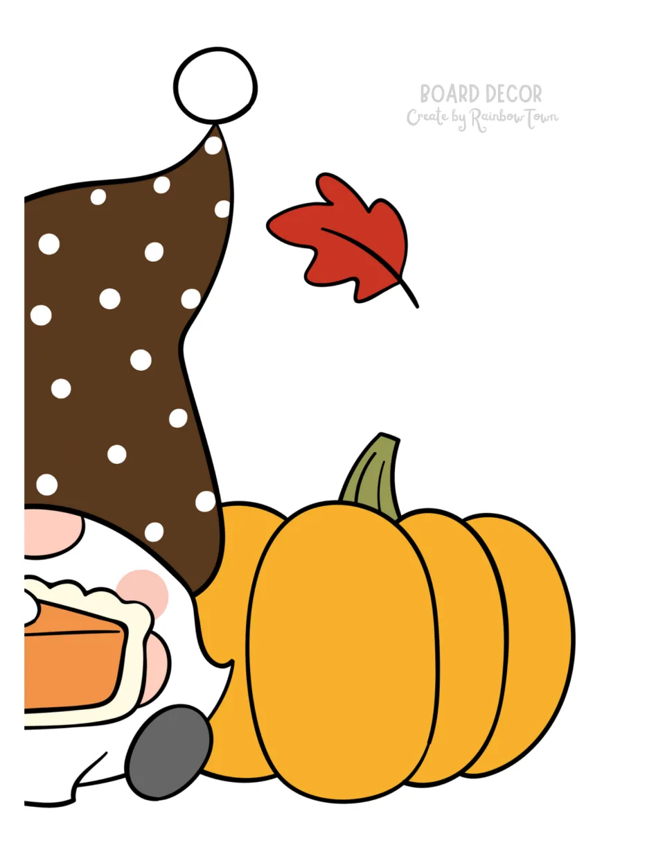 Right portion of a two-page fall bulletin board gnome holding pumpkin pie, beside a pumpkin and red leaf