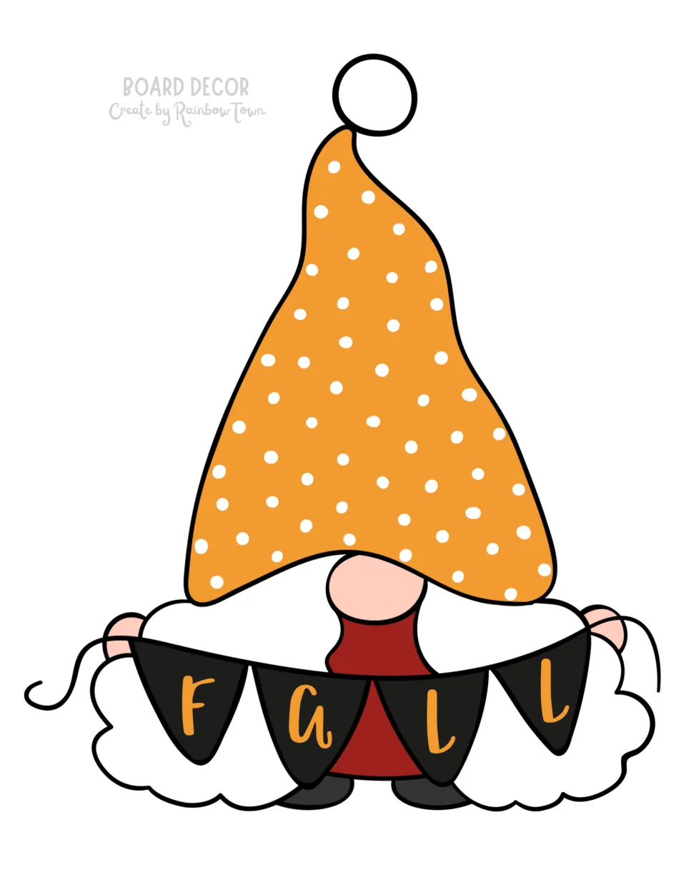 Fall bulletin board gnome cutout wearing an orange polka-dot hat and holding a banner spelling FALL