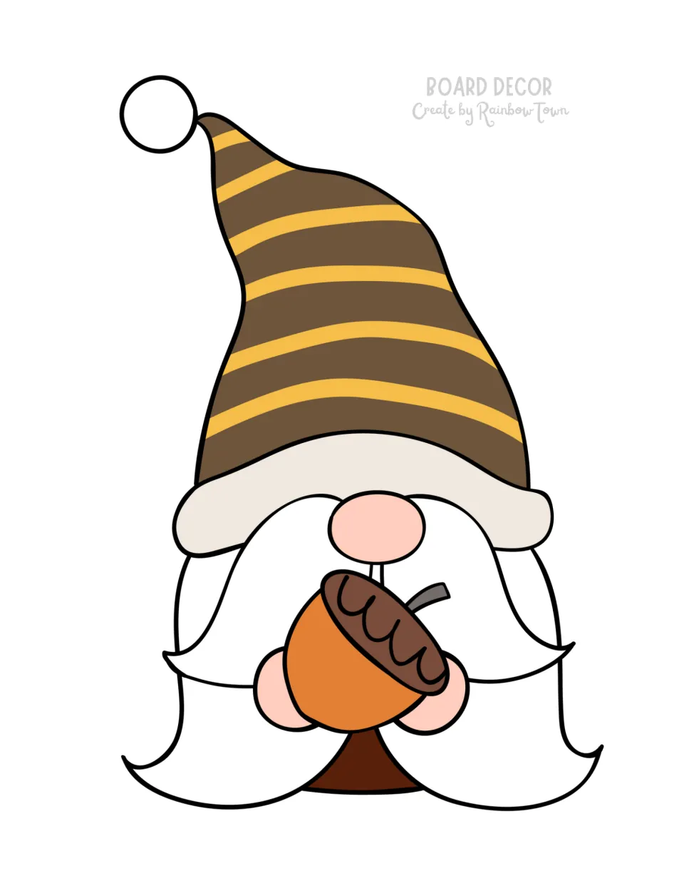 Fall bulletin board gnome cutout holding an acorn and wearing a brown hat decorated with yellow stripes