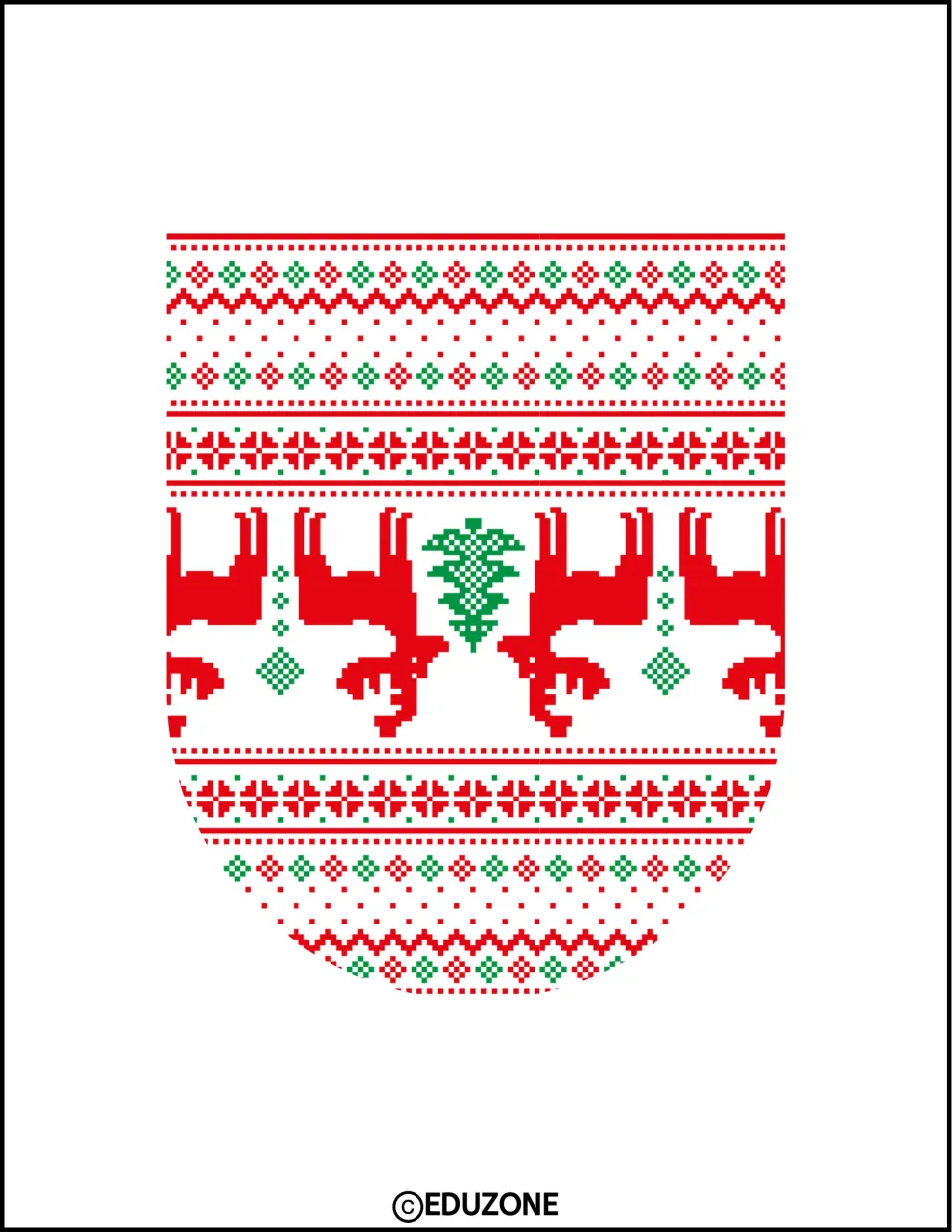 Christmas display cutout with a rounded bottom and red-and-green knit-style reindeer, trees, and geometric motifs