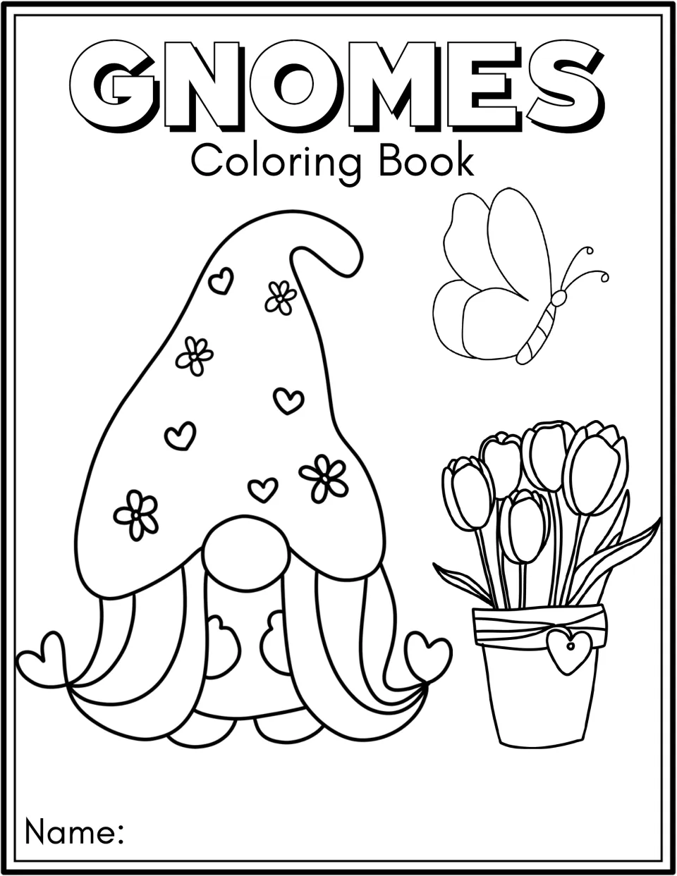 Second cover design showing a long-haired gnome in a heart-and-flower hat, a butterfly and a pot of tulips