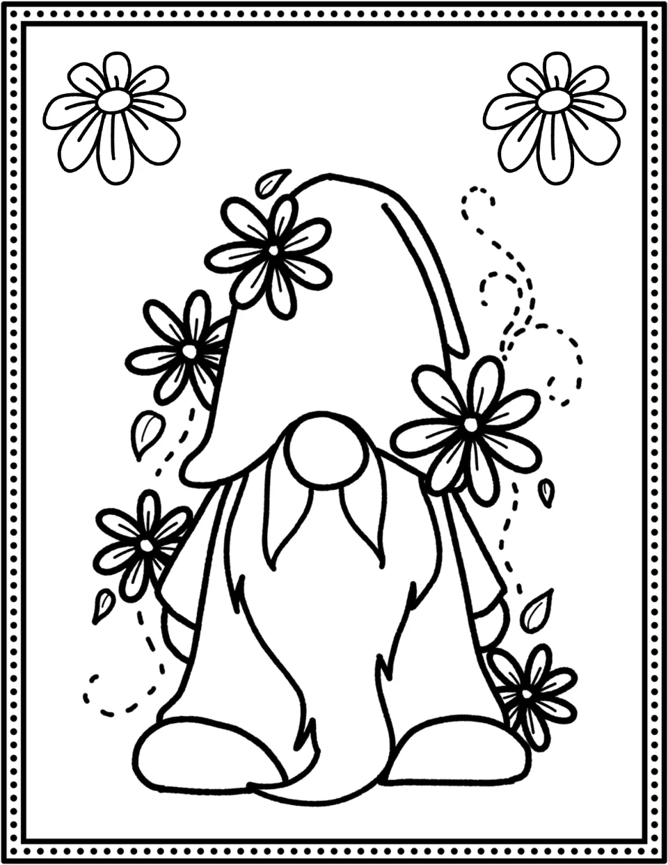 Spring flower gnome: students color a gnome among large daisies, falling leaves and dashed swirls