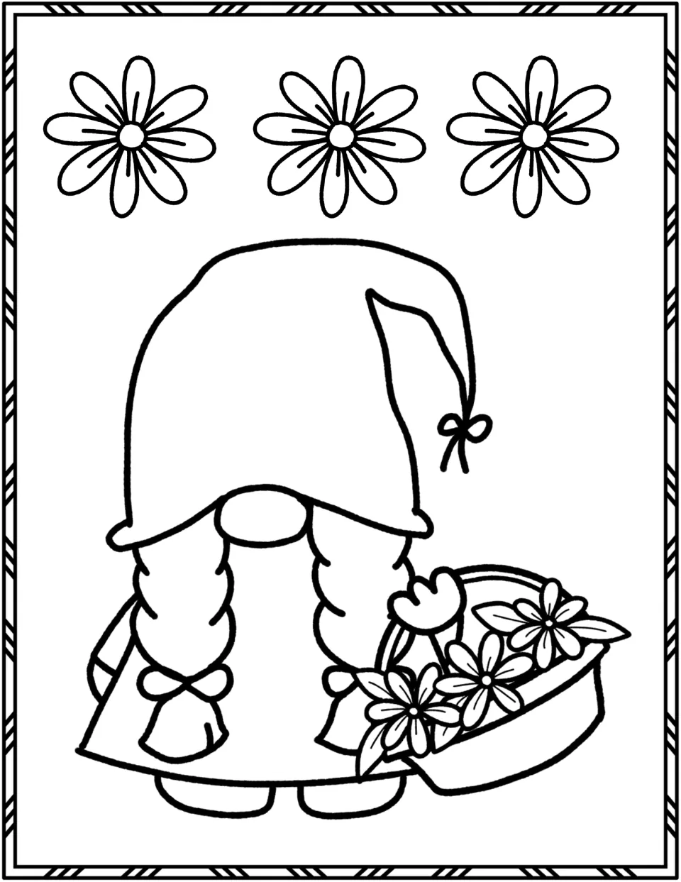 Flower basket gnome: students color a braided gnome holding a basket of flowers under three large daisies