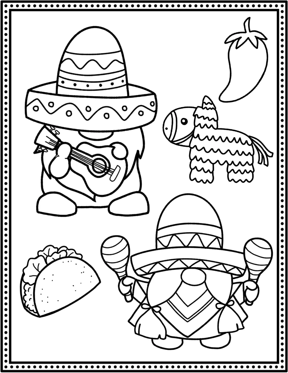 Fiesta gnomes: students color a guitar gnome and a maracas gnome in sombreros, plus a taco, piñata and chili
