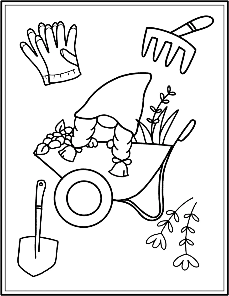 Gardening gnome: students color a gnome in a wheelbarrow surrounded by gloves, a rake, a shovel and plant sprigs