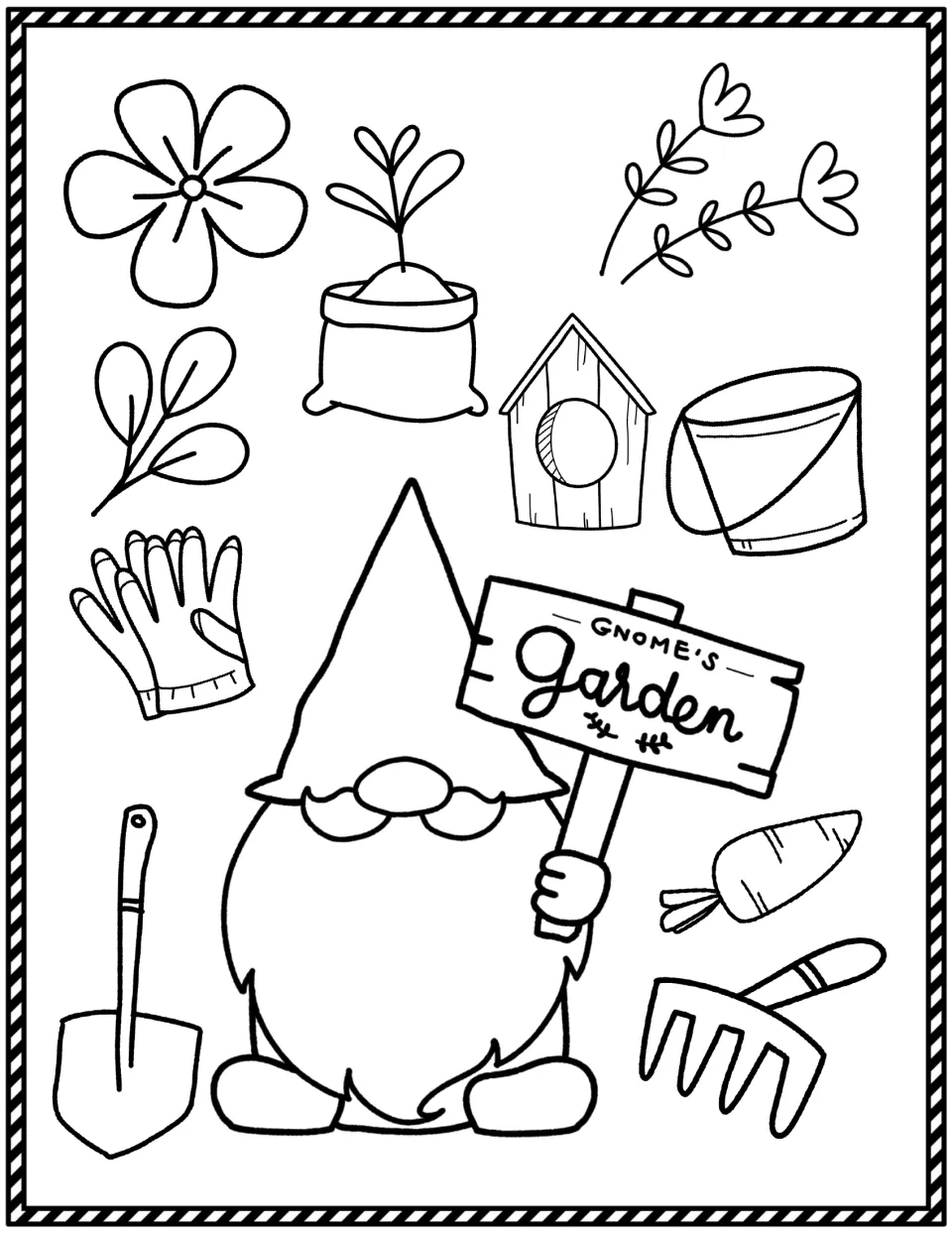 Gnome's Garden sign page: students color a gnome holding the sign among a birdhouse, bucket, carrot and tools