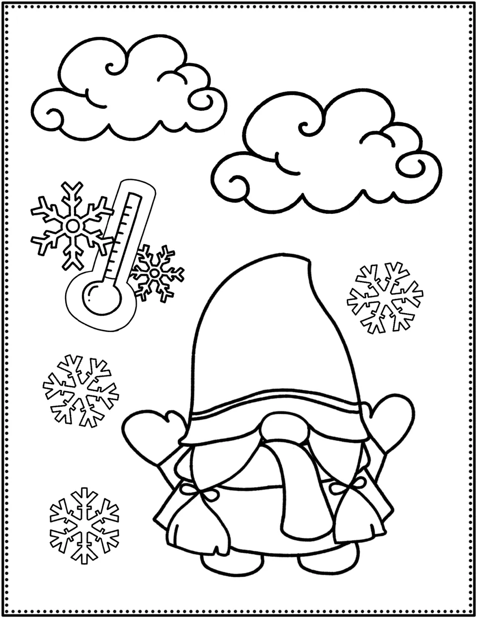 Winter weather gnome: students color a mittened gnome with clouds, snowflakes and a thermometer