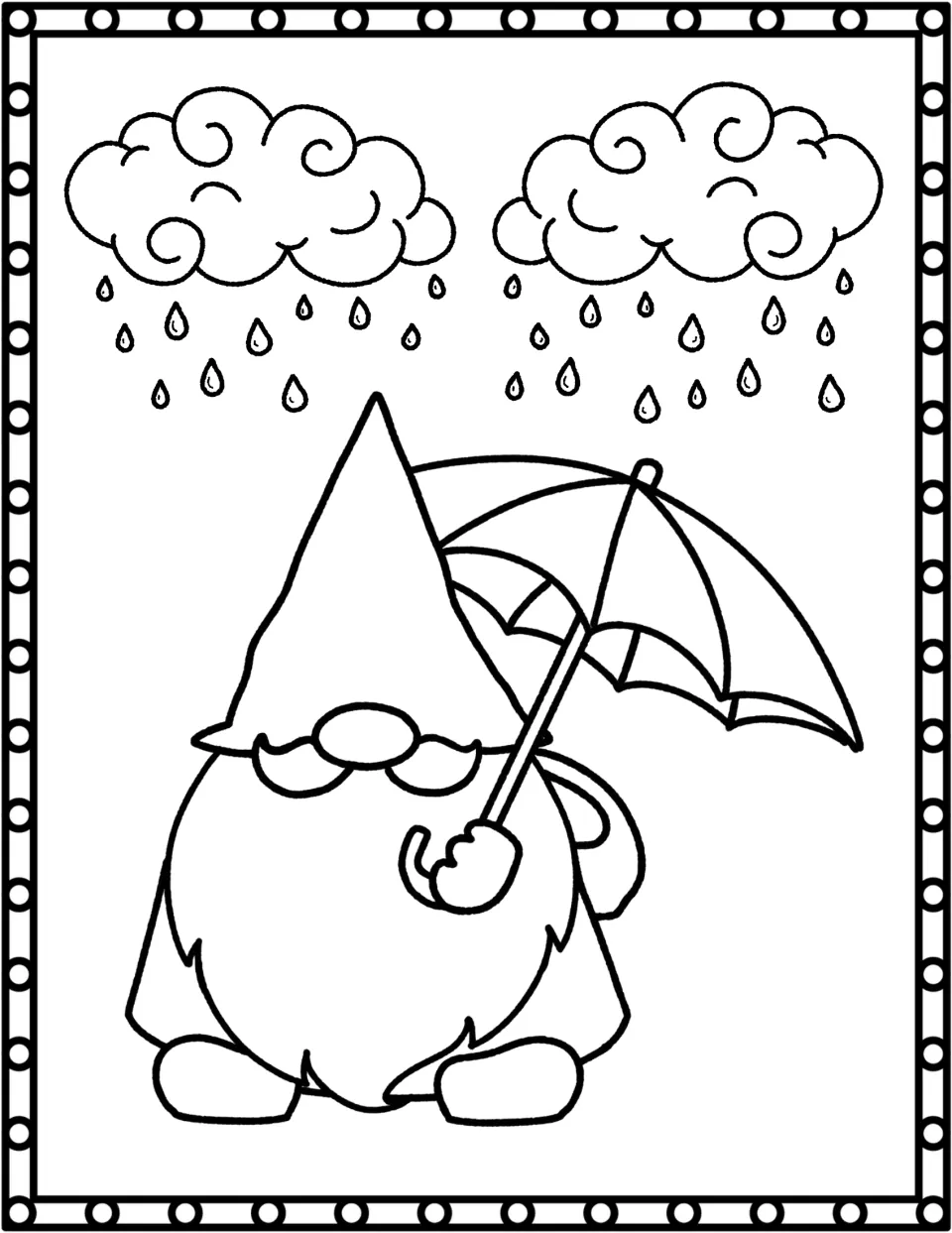 Rainy day gnome: students color a gnome holding an umbrella beneath two smiling rain clouds with raindrops
