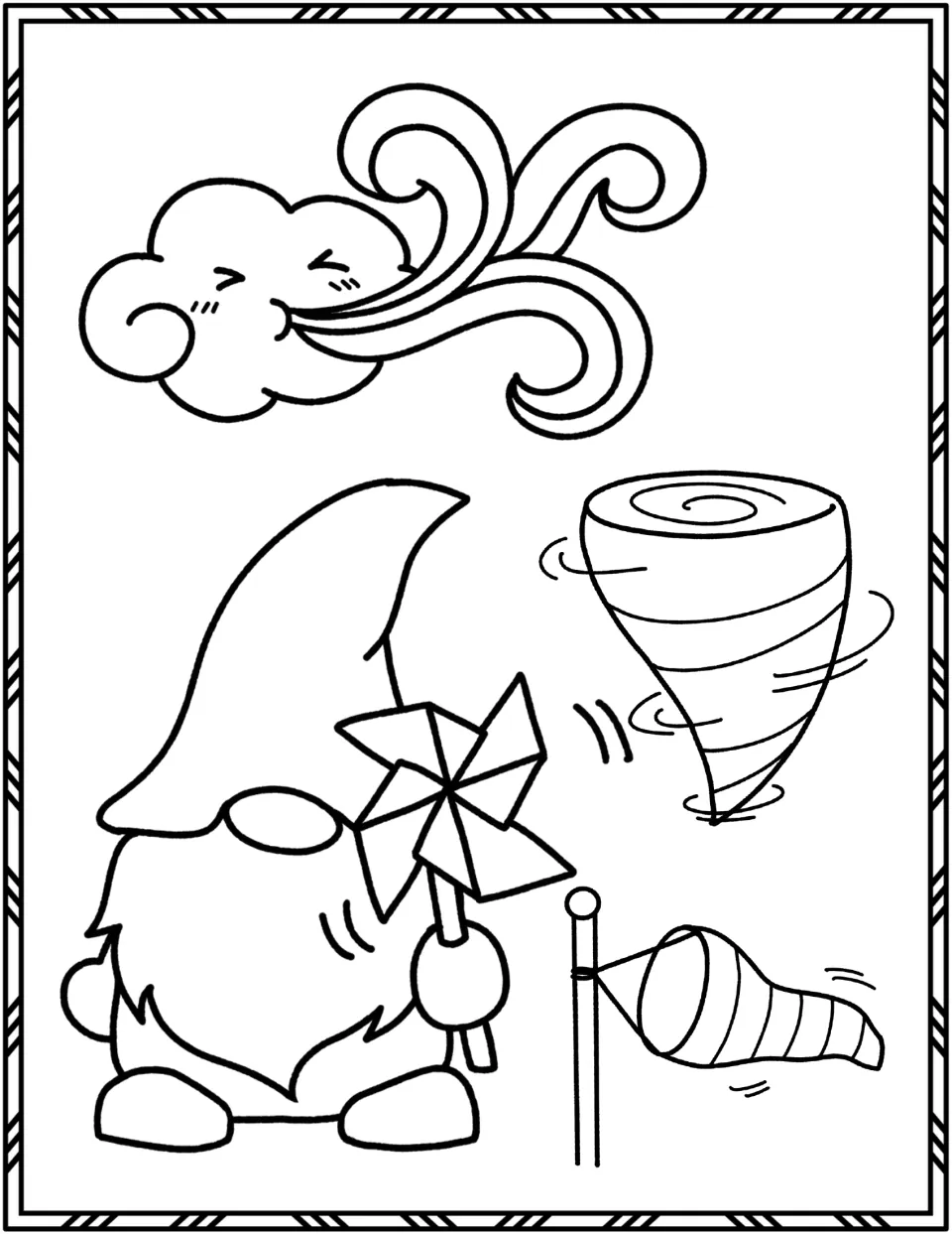 Windy day gnome: students color a gnome with a pinwheel, a wind-blowing cloud, a tornado and a windsock