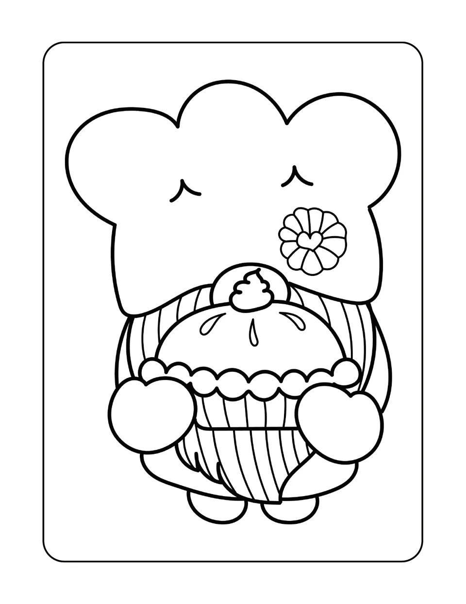 Gnome coloring page featuring a bearded baker in a flower-decorated chef's hat holding a large pie