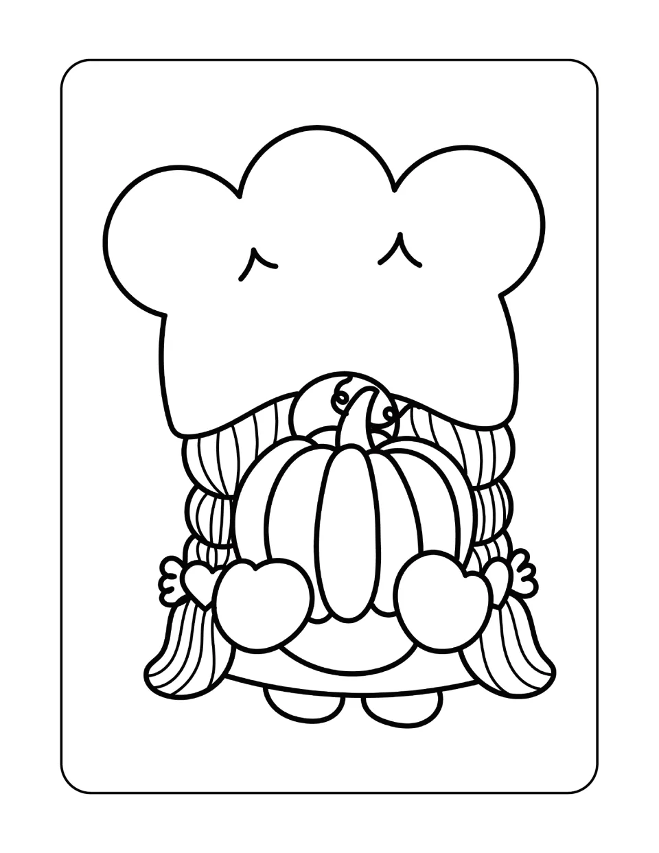 Gnome coloring page featuring a braided character wearing a tall chef's hat and holding a large pumpkin