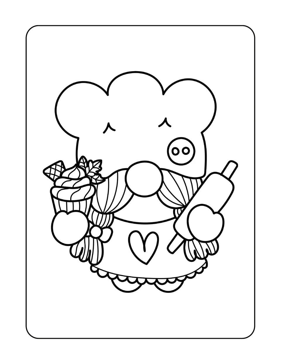 Gnome coloring page featuring a braided baker holding a cupcake and rolling pin, wearing a heart apron