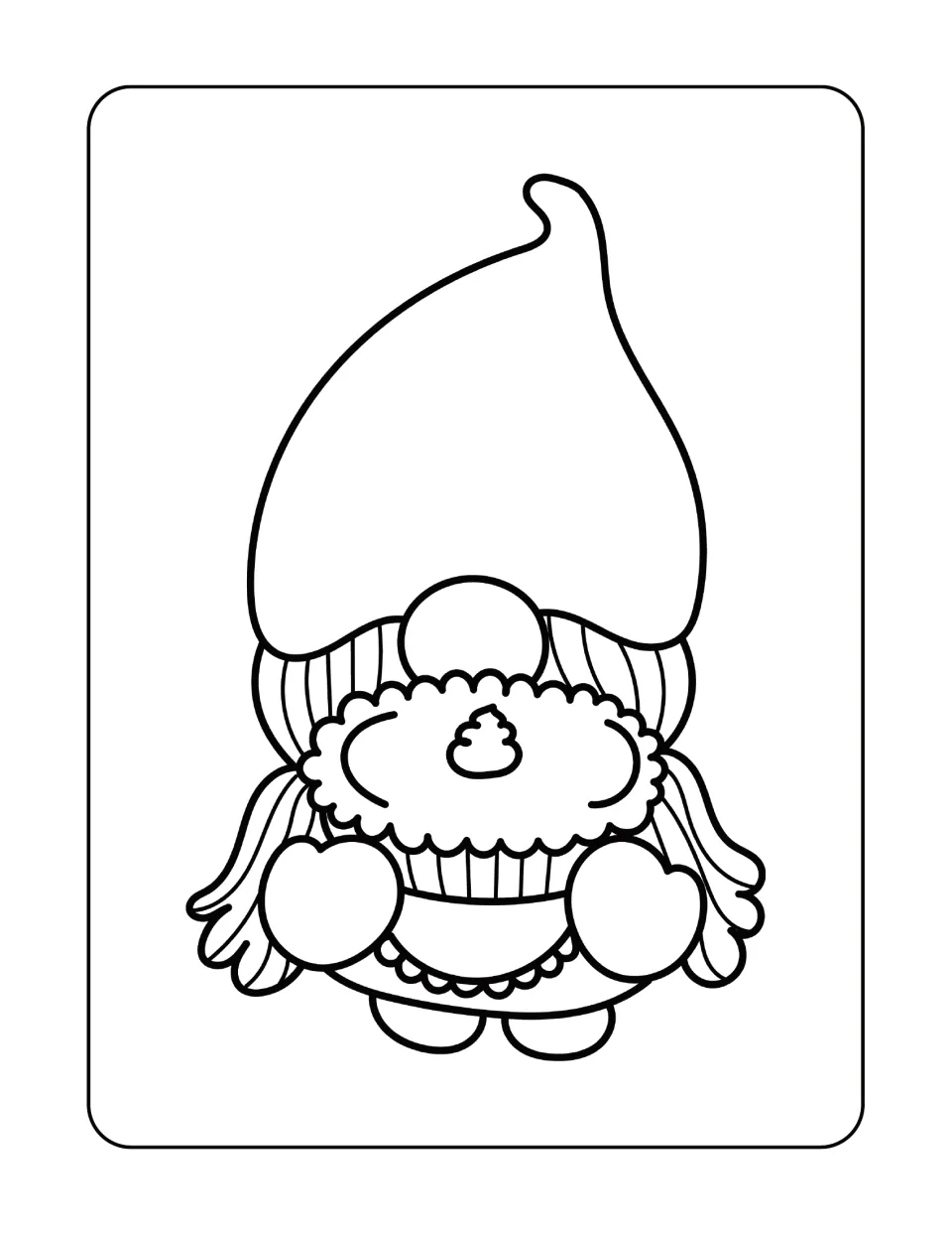 Gnome coloring page featuring a character with long pigtails and a tall pointed hat holding a whole pie