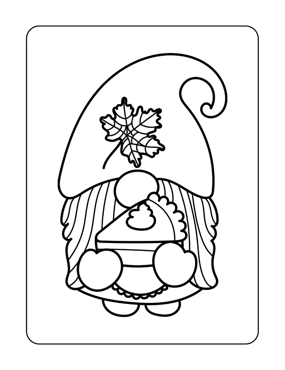 Gnome coloring page featuring a long-haired character in a leaf-decorated curled hat holding a pie slice