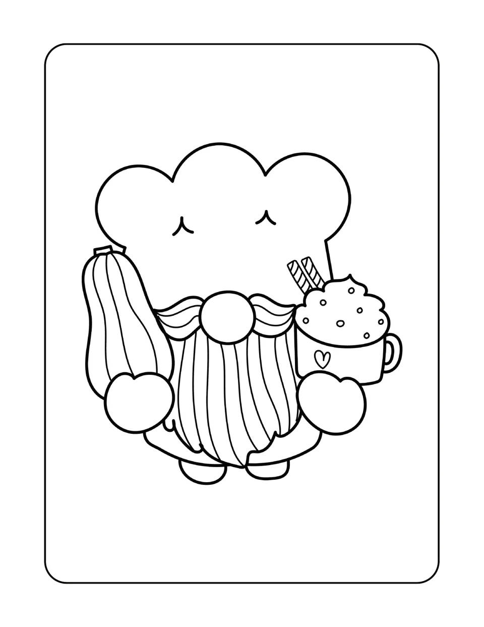 Gnome coloring page featuring a bearded chef holding a long squash and a mug topped with whipped cream