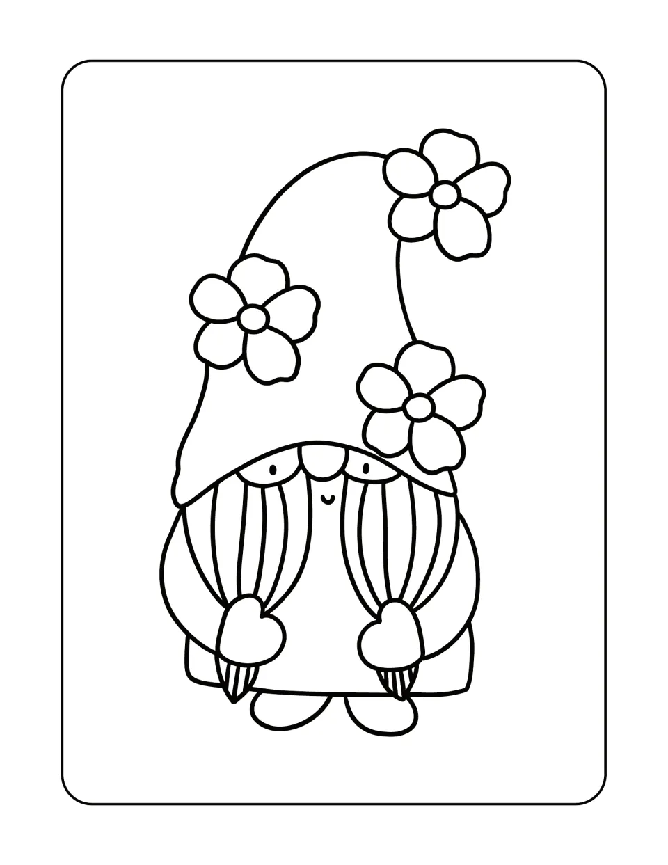 Gnome coloring page featuring a smiling character with two long pigtails and three flowers on a tall hat