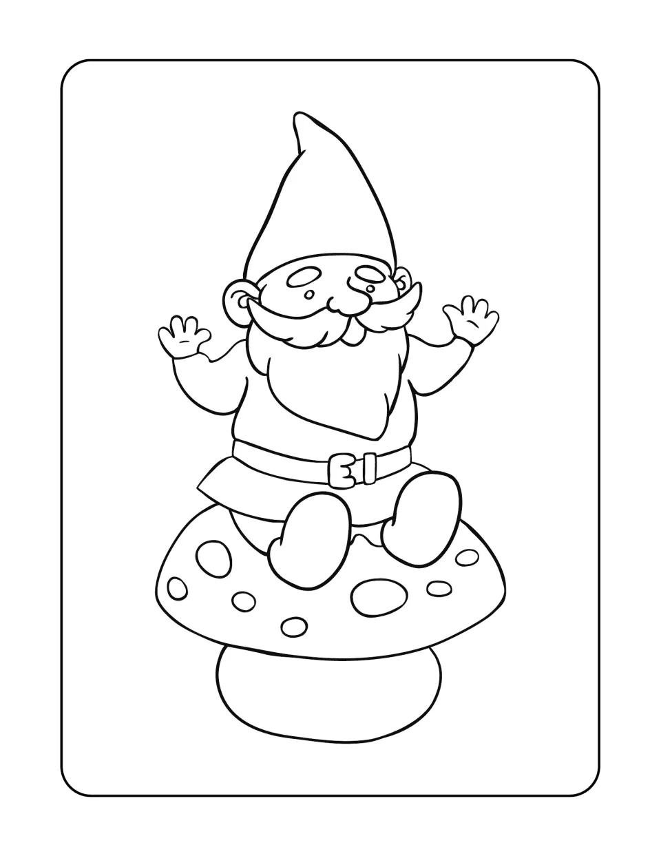 Gnome coloring page featuring a bearded character seated on a spotted mushroom with both hands raised