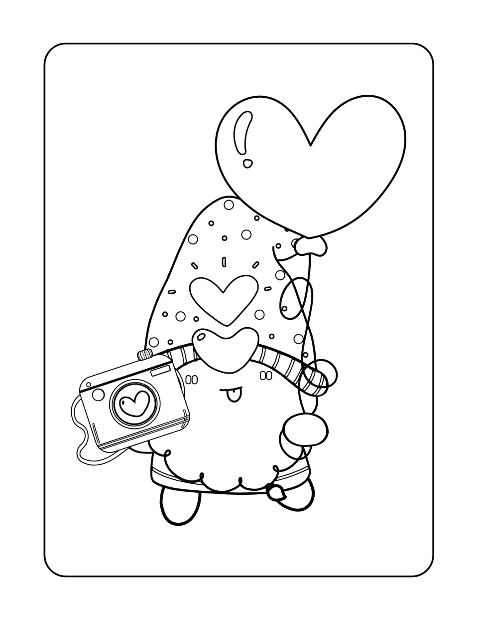 Gnome coloring page featuring a character holding a camera and heart balloon, wearing a patterned hat