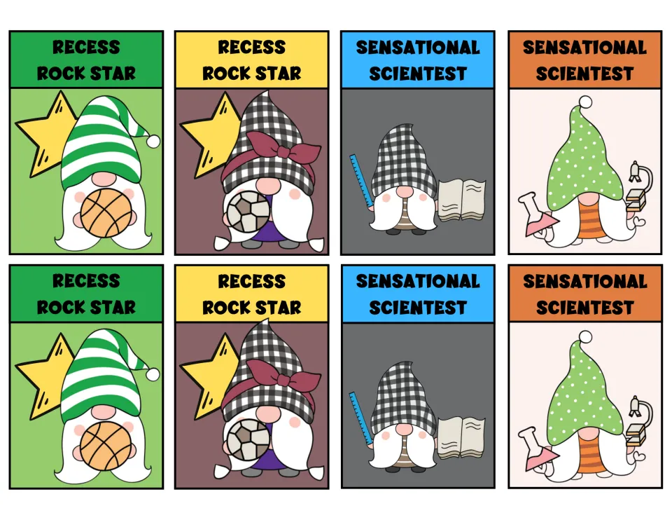 Eight gnome reward tags: four say 'Recess Rock Star' and four say 'Sensational Scientest,' as printed.