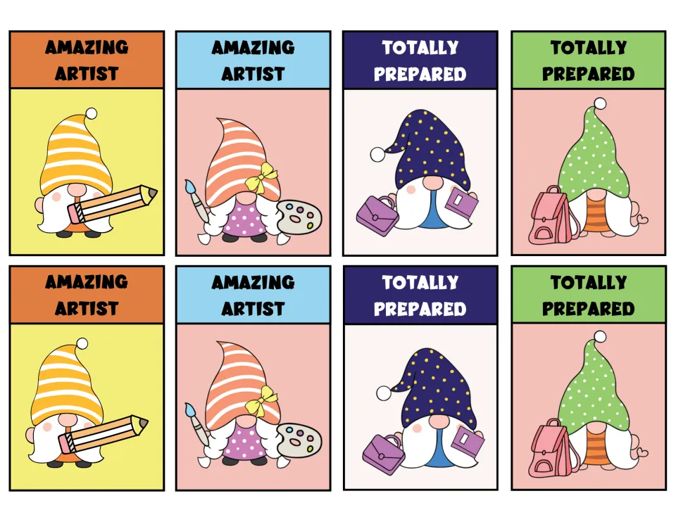 Eight gnome reward tags: four say 'Amazing Artist' and four say 'Totally Prepared,' with repeated designs.