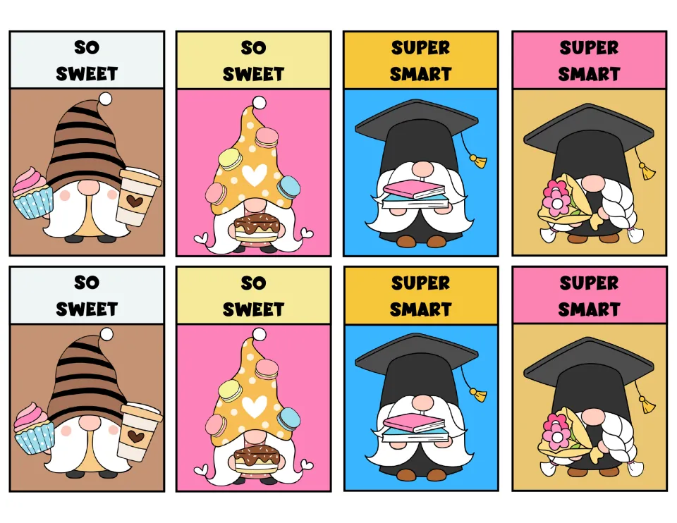 Eight gnome reward tags: four 'So Sweet' tags feature treats, and four 'Super Smart' tags show graduation caps.