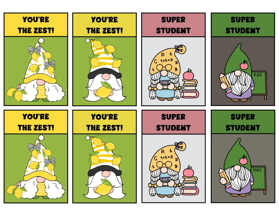 Eight gnome reward tags: four say 'You're the Zest!' with lemons, and four say 'Super Student' with school props.