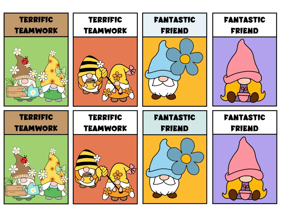 Eight gnome reward tags: four say 'Terrific Teamwork' and four say 'Fantastic Friend,' with repeated designs.